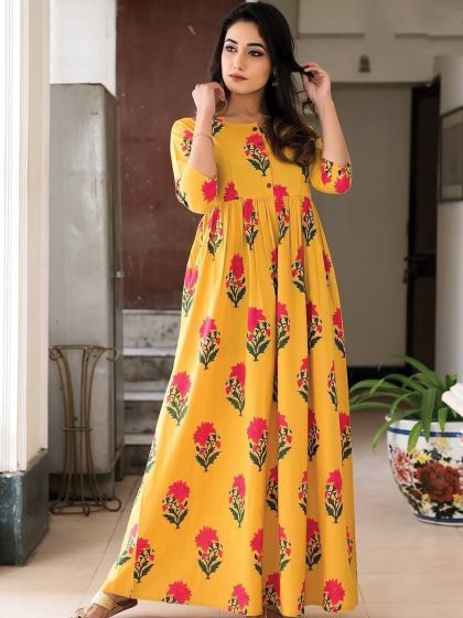 Yellow Hand Block Printed Readymade Womens Gown
