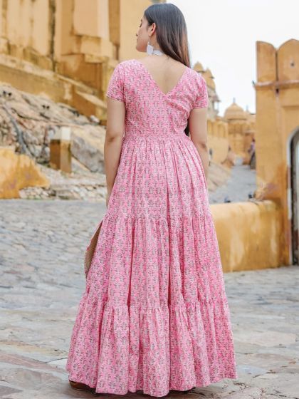 Pink Digitally Printed Womens Indowestern Gown In Cotton