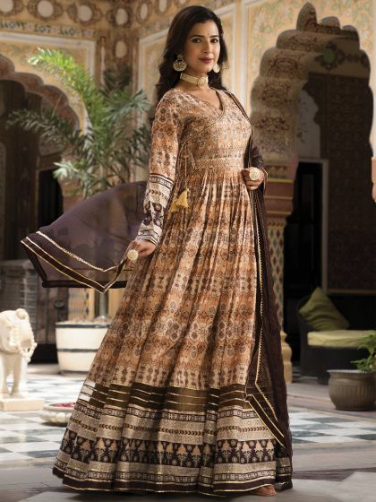 Brown Digital Printed Anarkali Suit In Dola Silk