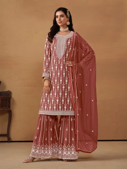 Mauve Thread Work Sharara Salwar Suit In Georgette