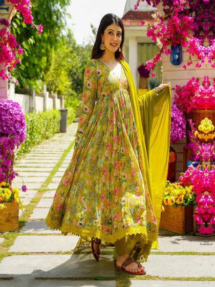 Mehandi Green Anarkali Salwar Suit In Floral Print