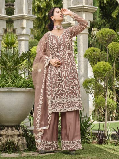 Mauve Floral Thread Embroidered Palazzo Style Suit