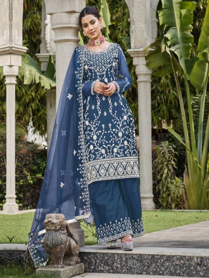 Blue Thread Embellished Palazzo Style Salwar Suit