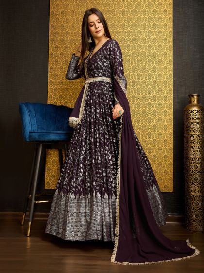 Wine Festive Wear Salwar Kameez In Anarkali Style