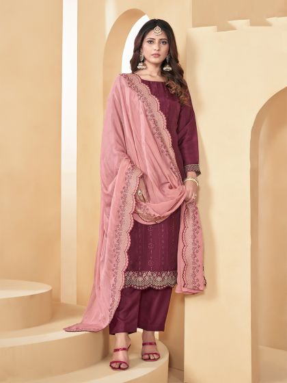 Maroon Thread Work Pant Styled Salwar Kameez