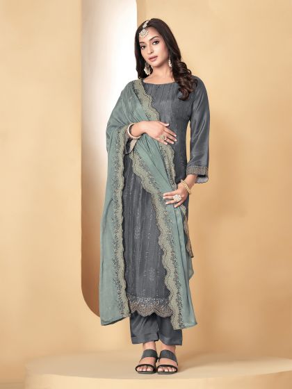 Grey Pant Styled Festive Wear Salwar Kameez In Muslin