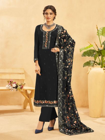 Black Thread Work Augmented Salwar Kameez In Palazzo Style