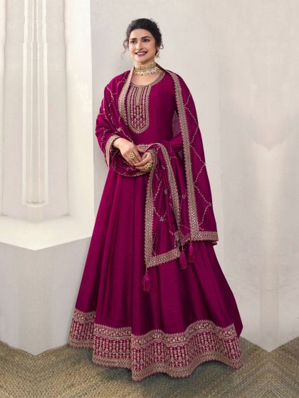 Magenta Zari Work Enhanced Salwar Kameez In Anarkali Style