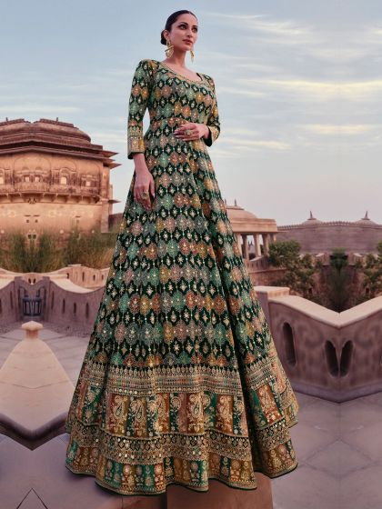 Dark Green Heavy Embroidered Anarkali Style Kameez Suit Set