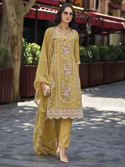 Yellow Pant Style Salwar Kameez In Floral Embroidery With Pant Style