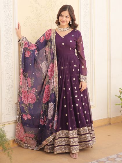 Wine Readymade Anarkali Style Kameez In Georgette
