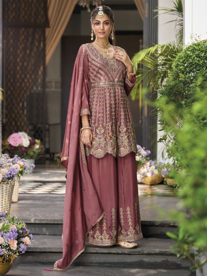 Mauve Chinon Silk Wedding Salwar Kameez
