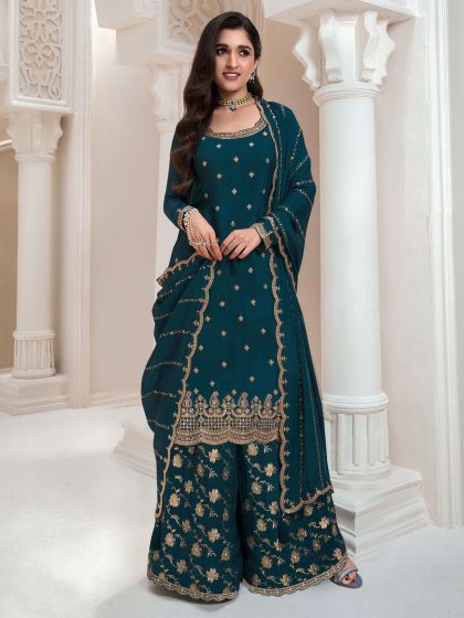 Teal Blue Party Wear Embroidered Palazzo Suit