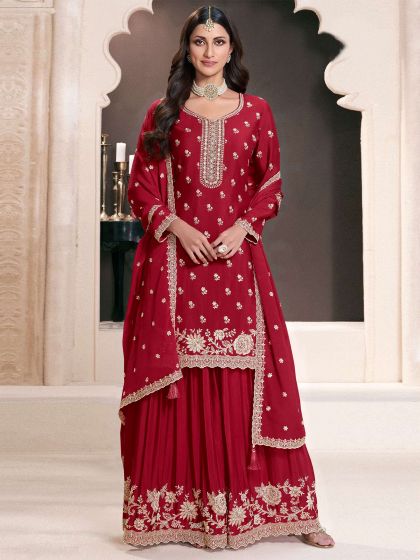 Crimson Red Silk Palazzo Style Salwar Kameez