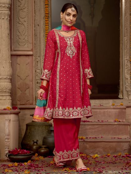 Pink Mirror Work Palazzo Suit With Flare Kameez