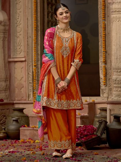 Orange Palazzo Style Kameez In Mirror Embellishments