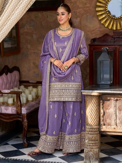 Heather Purple Palazzo Style Suit In Heavy Embroidery