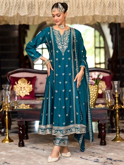 Teal Blue Readymade Anarkali Style Salwar Suit