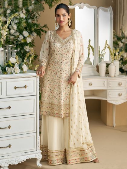 Off White Stone Augmented Salwar Kameez In Georgette