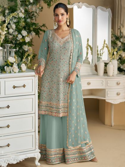 Blue Georgette Palazzo Suit In Floral Thread Work