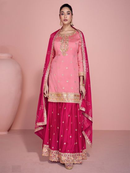 Baby Pink Zari Embellished Palazzo Style Salwar Suit