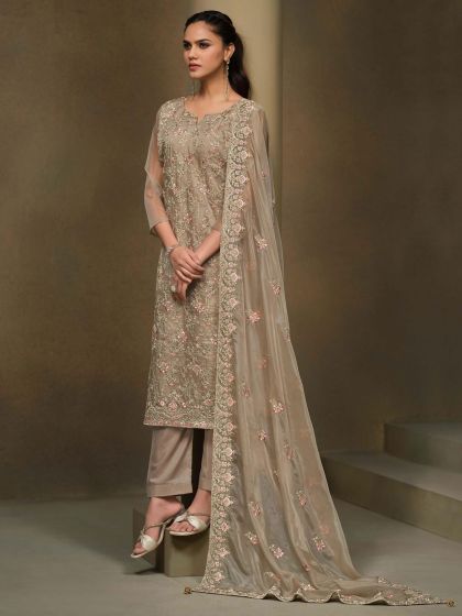 Brown Embroidered Casual Salwar Kameez In Organza