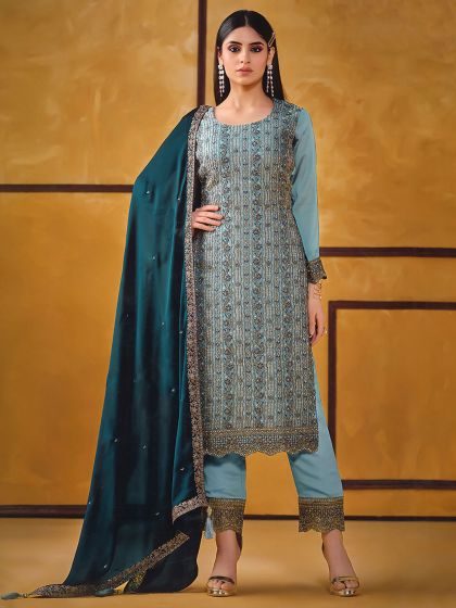 Blue Pakistani Salwar Suit In Stone Embellishment