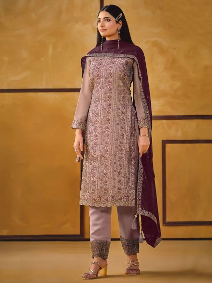 Mauve Pant Style Salwar Suit In Stone Work