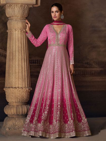 Pink Georgette Anarkali Suit In Heavy Embroidery