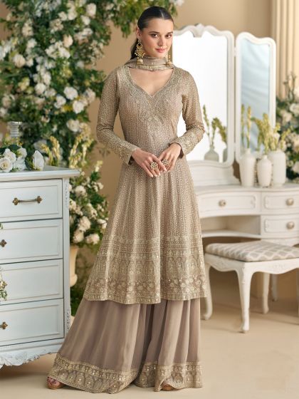 Beige Embroidered Palazzo Suit With Flare Kameez