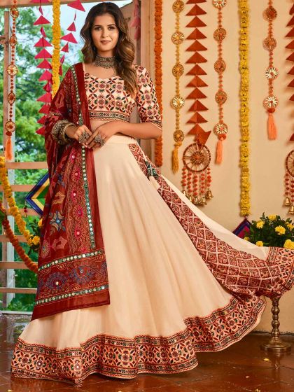Cream Mirror Work Navaratri Lehenga Choli