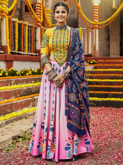 Pink Printed Navaratri Lehenga Choli In Cotton