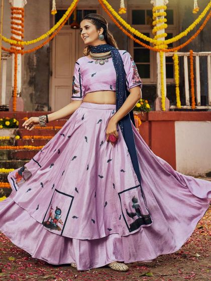 Purple Printed Navaratri Lehenga Choli In Silk