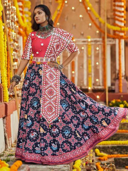 Blue Printed Cotton Navaratri Lehenga Choli With Dupatta