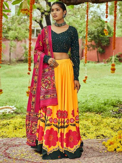 Yellow Floral Lehenga Choli With Dupatta