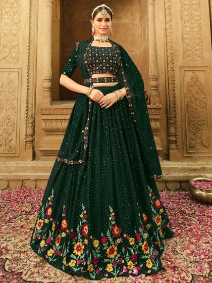 Green Thread Embroidered Lehenga Choli In Georgette
