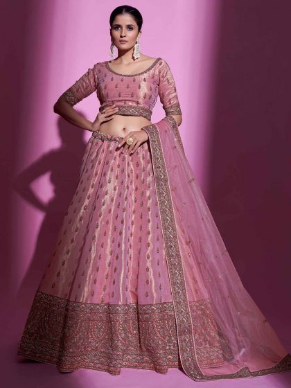 Pink Floral Embroidered Lehenga Choli In Art Silk