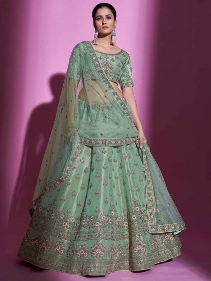 Green Thread Embroidered Lehenga Choli In Art Silk