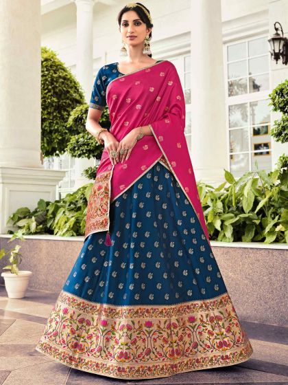 Blue Woven Traditional Lehenga Choli In Banarasi Silk