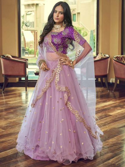 Purple Net Lehenga Choli With Sequins Embroidery