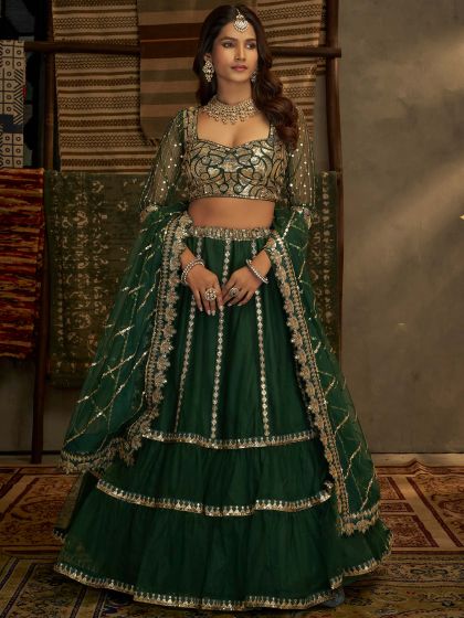 Green Sequins Embroidered Net Lehenga Choli