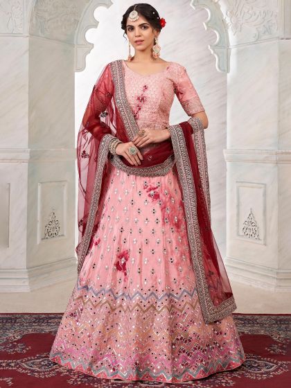 Peach Mirror Embellished Lehenga Choli In Art Silk