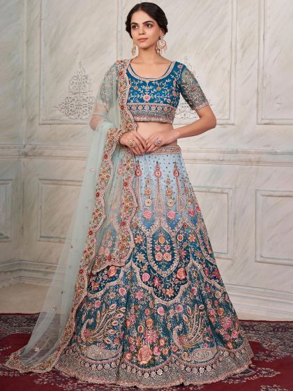 Blue Shaded Net Lehenga Choli With Embroidery