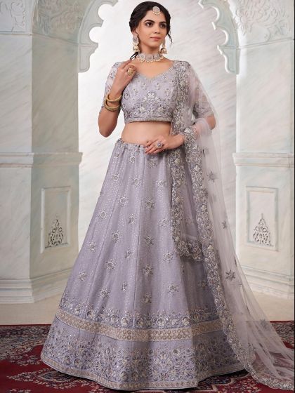 Grey Embroidered Art Silk Lehenga Choli