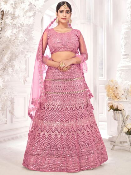 Pink Sequined Bridesmaid Lehenga Choli In Net