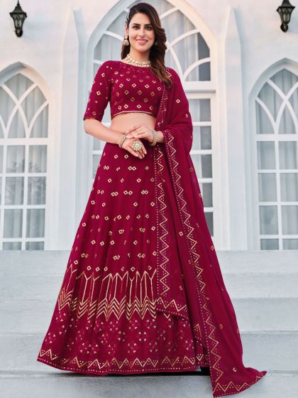 Maroon Embroidered Georgette Lehenga Choli With Dupatta