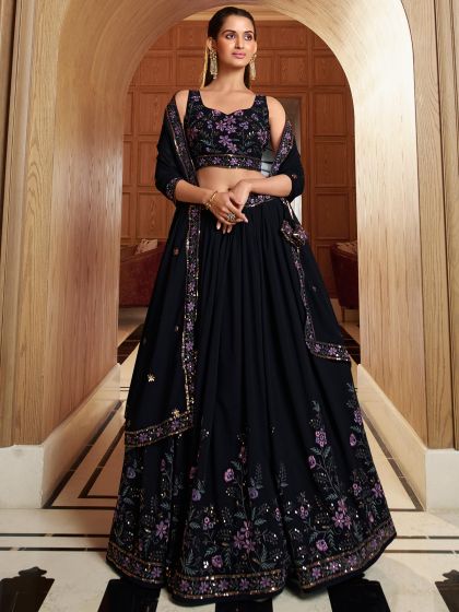 Black Georgette Lehenga Choli With Floral Embroidery