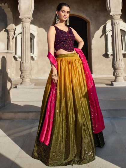 Yellow And Green Shaded Lehenga Choli In Art Silk