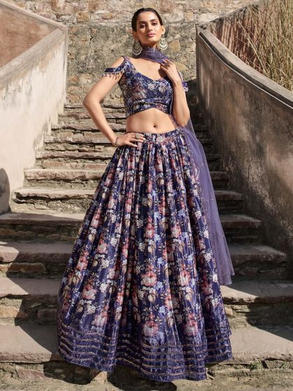 Blue Floral Bridesmaid Art Silk Lehenga Choli