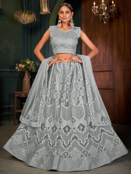 Grey Embroidered Sangeet Lehenga Choli In Net